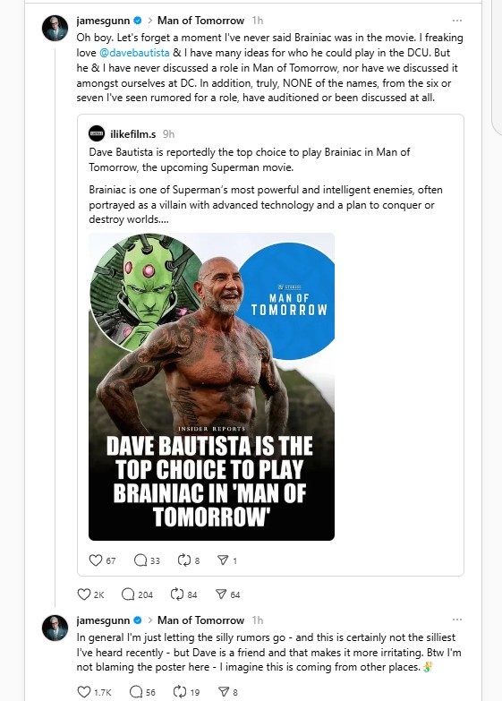 james gunn responds dave bautista brainiac rumors