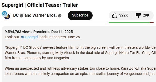 supergirl trailer youtube dislikes screenshot supergirl trailer youtube dislikes screenshot