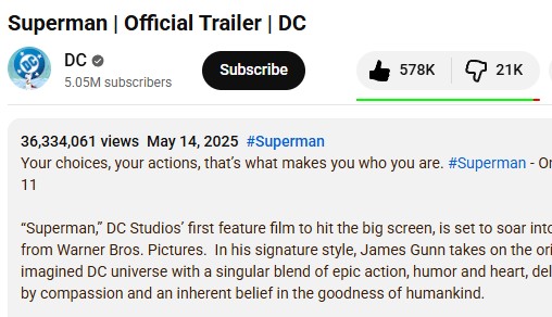 superman trailer youtube dislikes screenshot superman trailer youtube dislikes screenshot
