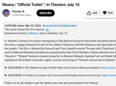 disney moana trailer youtube dislikes