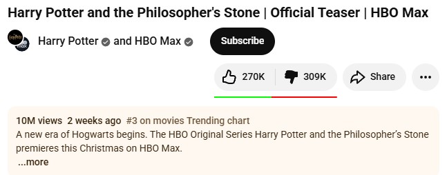 harry potter dislikes 300k